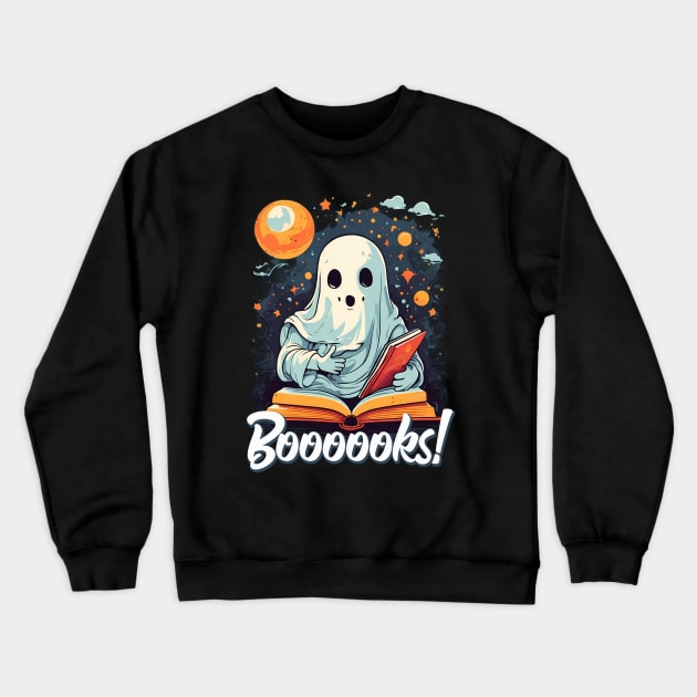 Funny Halloween Cute Ghost Reading a Book Moon Stars Sky Crewneck Sweatshirt by NearlyNow